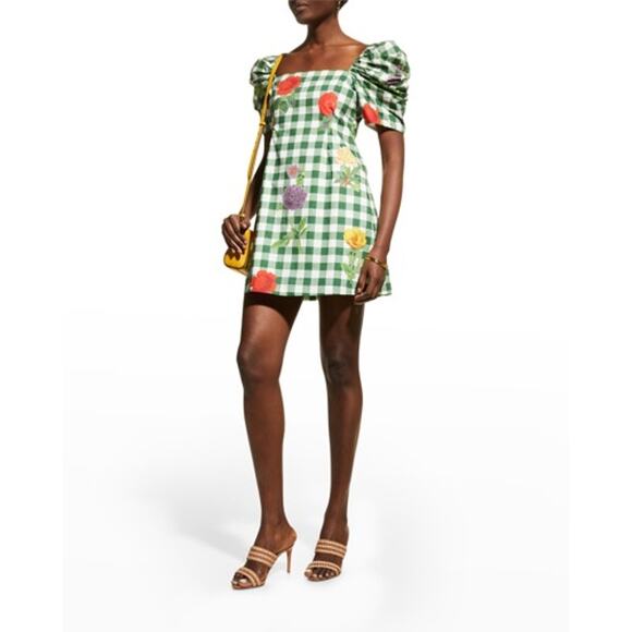 Cara Cara Dresses & Skirts - Cara Cara Kelly Green Gingham Fruit Print Puff Sleeve Square Neck Mini Dress XS